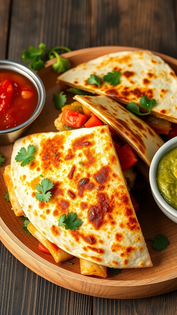 Golden brown vegetable quesadilla cut into wedges, served with salsa and guacamole on a wooden plate.
